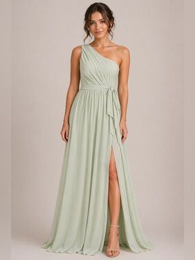 Chic One Shoulder light Sage Green Dress with Corset Back and wrap waist tie.
